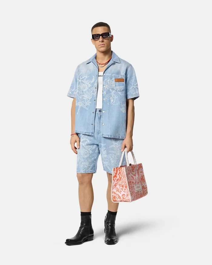 Pants and Shorts Men Versace Lasered Barocco Sea Denim Shorts Blue
