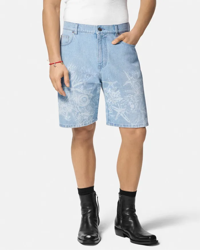 Pants and Shorts Men Versace Lasered Barocco Sea Denim Shorts Blue