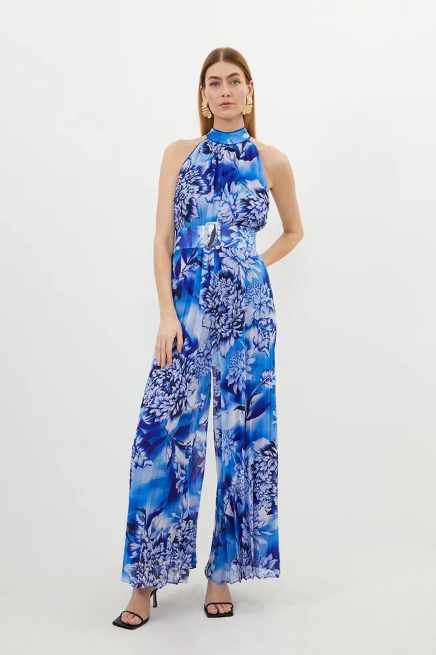 Petite Blue Floral Georgette Woven Halter Pleated Jumpsuit Blue Women Karen Millen Jumpsuits and Playsuits Petite Blue Floral Georgette Woven Halter Pleated Jumpsuit Blue Women Karen Millen Jumpsuits and Playsuits