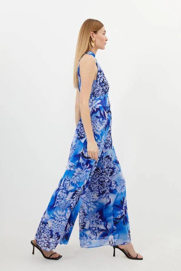 Petite Blue Floral Georgette Woven Halter Pleated Jumpsuit Blue Women Karen Millen Jumpsuits and Playsuits