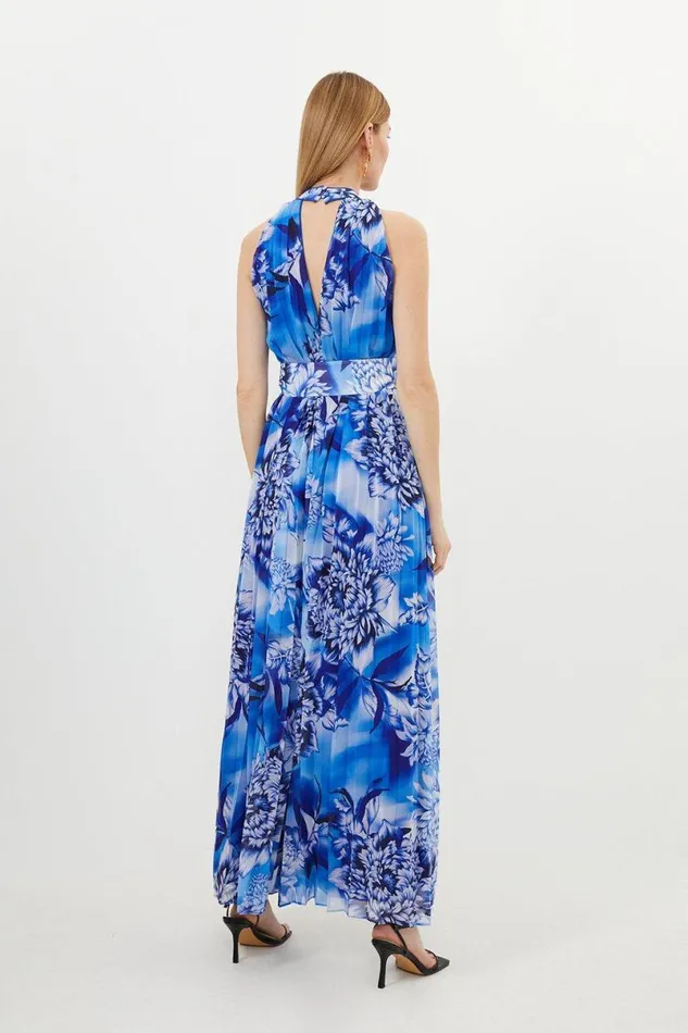 Petite Blue Floral Georgette Woven Halter Pleated Jumpsuit Blue Women Karen Millen Jumpsuits and Playsuits