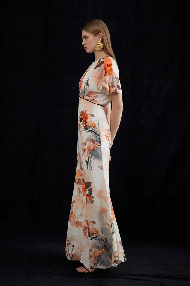 Petite Blurred Floral Woven Column Angel Sleeve Maxi Dress Floral Women Karen Millen Dresses