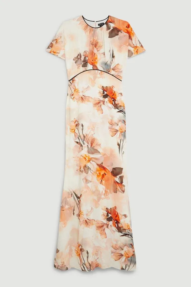 Petite Blurred Floral Woven Column Angel Sleeve Maxi Dress Floral Women Karen Millen Dresses