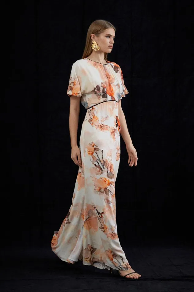 Petite Blurred Floral Woven Column Angel Sleeve Maxi Dress Floral Women Karen Millen Dresses