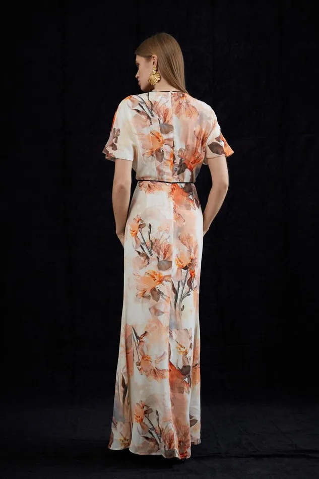 Petite Blurred Floral Woven Column Angel Sleeve Maxi Dress Floral Women Karen Millen Dresses