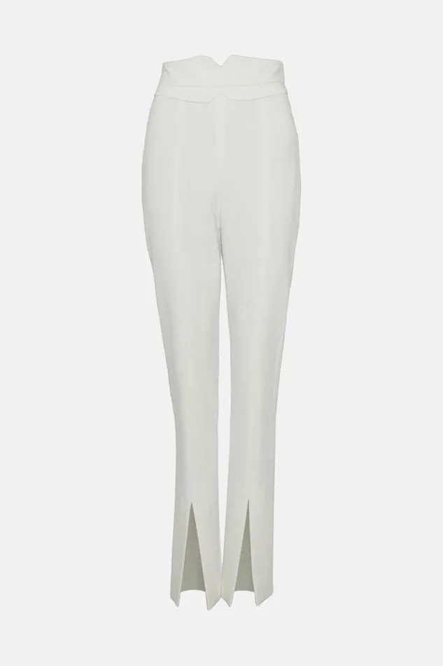 Petite Compact Stretch Tailored High Rise Split Hem Trousers Ivory Women Karen Millen Trousers