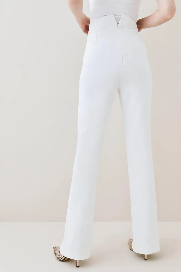 Petite Compact Stretch Tailored High Rise Split Hem Trousers Ivory Women Karen Millen Trousers