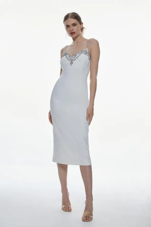 Petite Crystal Embellished Strappy Woven Midi Dress Women Karen Millen Dresses