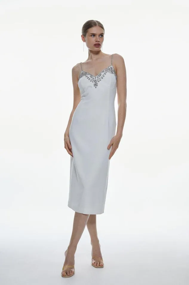Petite Crystal Embellished Strappy Woven Midi Dress Women Karen Millen Dresses