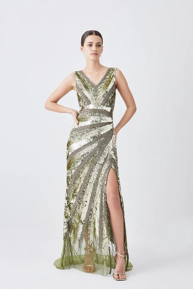 Petite Deco Crystal Embellished Plunge Woven Maxi Dress Khaki Women Karen Millen Dresses Petite Deco Crystal Embellished Plunge Woven Maxi Dress Khaki Women Karen Millen Dresses