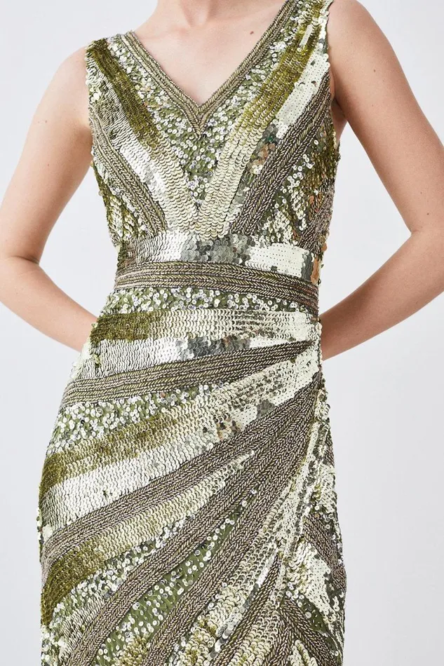Petite Deco Crystal Embellished Plunge Woven Maxi Dress Khaki Women Karen Millen Dresses
