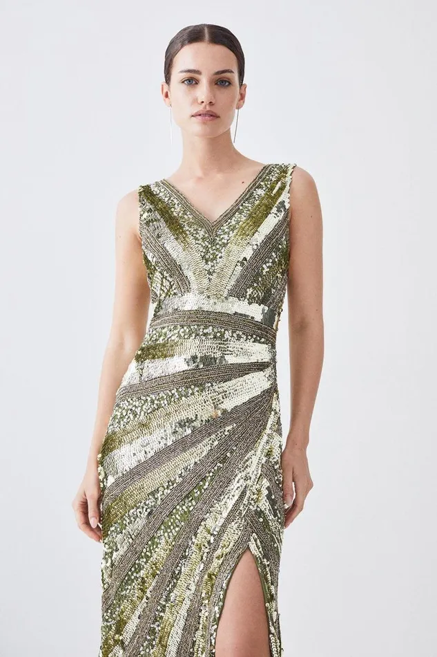 Petite Deco Crystal Embellished Plunge Woven Maxi Dress Khaki Women Karen Millen Dresses