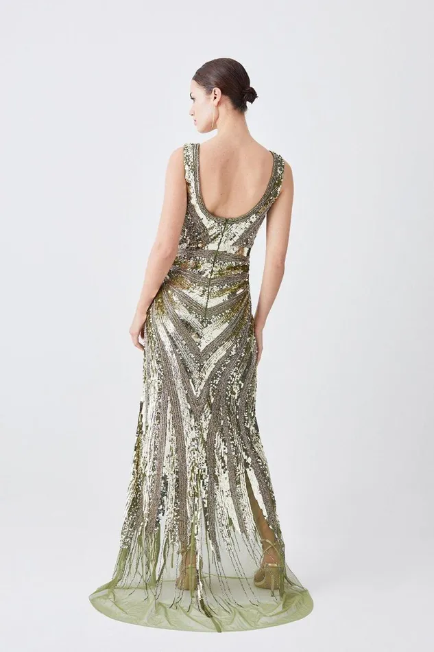 Petite Deco Crystal Embellished Plunge Woven Maxi Dress Khaki Women Karen Millen Dresses