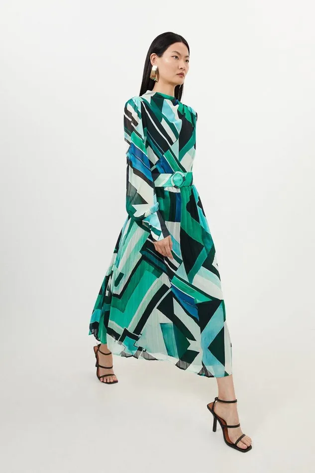Petite Geo Print Georgette Woven Long Sleeve Maxi Dress Green Women Karen Millen Dresses Petite Geo Print Georgette Woven Long Sleeve Maxi Dress Green Women Karen Millen Dresses