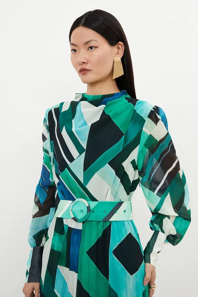 Petite Geo Print Georgette Woven Long Sleeve Maxi Dress Green Women Karen Millen Dresses