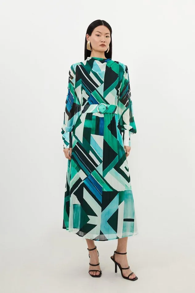 Petite Geo Print Georgette Woven Long Sleeve Maxi Dress Green Women Karen Millen Dresses