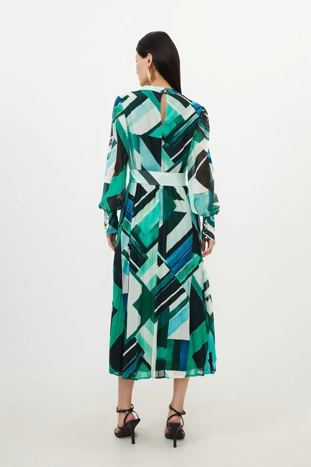 Petite Geo Print Georgette Woven Long Sleeve Maxi Dress Green Women Karen Millen Dresses