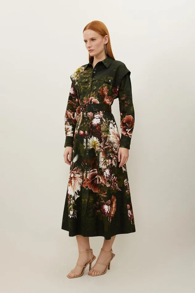 Petite Placed Floral Cotton Sateen Shirt Dress Floral Women Karen Millen Dresses