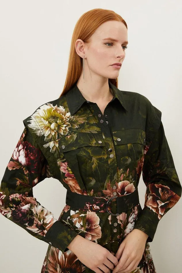 Petite Placed Floral Cotton Sateen Shirt Dress Floral Women Karen Millen Dresses