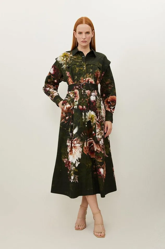 Petite Placed Floral Cotton Sateen Shirt Dress Floral Women Karen Millen Dresses