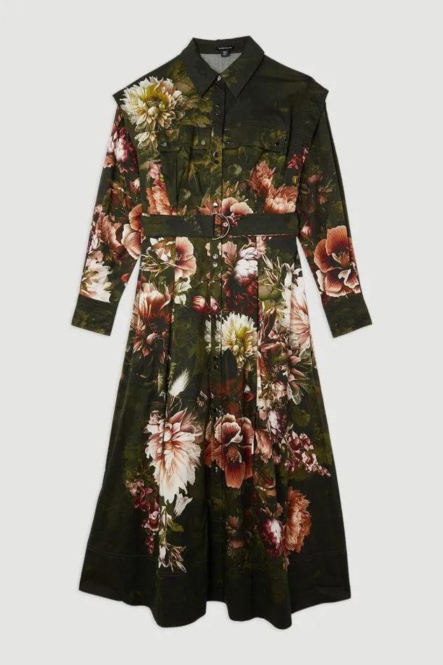 Petite Placed Floral Cotton Sateen Shirt Dress Floral Women Karen Millen Dresses