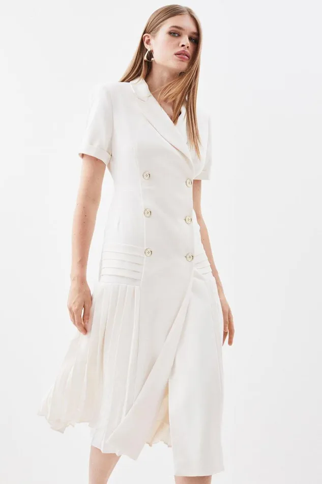 Petite Pleated Woven Midi Blazer Dress Ivory Women Karen Millen Dresses