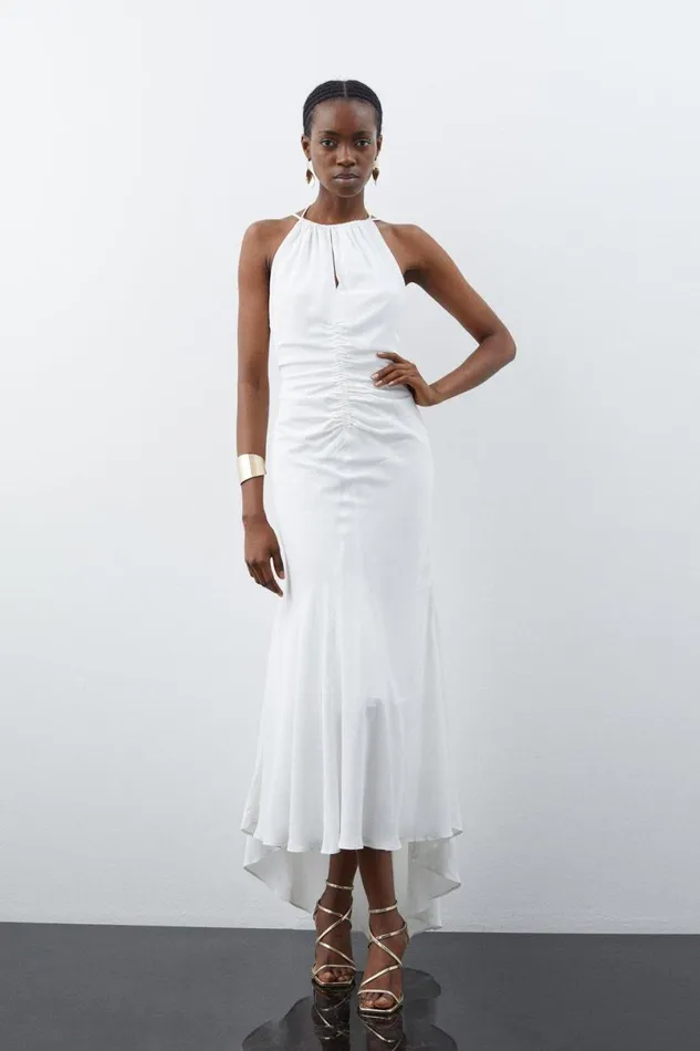 Petite Premium Ruched Halter Strappy Maxi Dress Ivory Women Karen Millen Dresses
