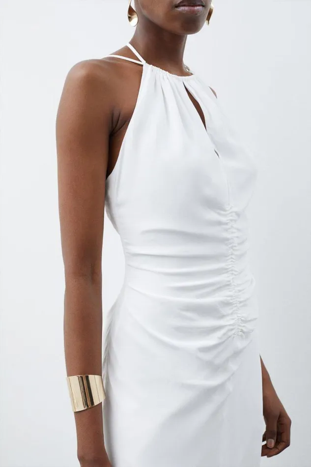 Petite Premium Ruched Halter Strappy Maxi Dress Ivory Women Karen Millen Dresses