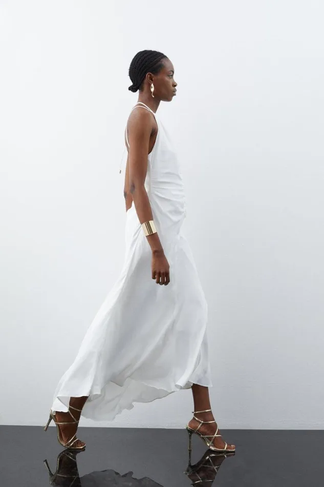 Petite Premium Ruched Halter Strappy Maxi Dress Ivory Women Karen Millen Dresses