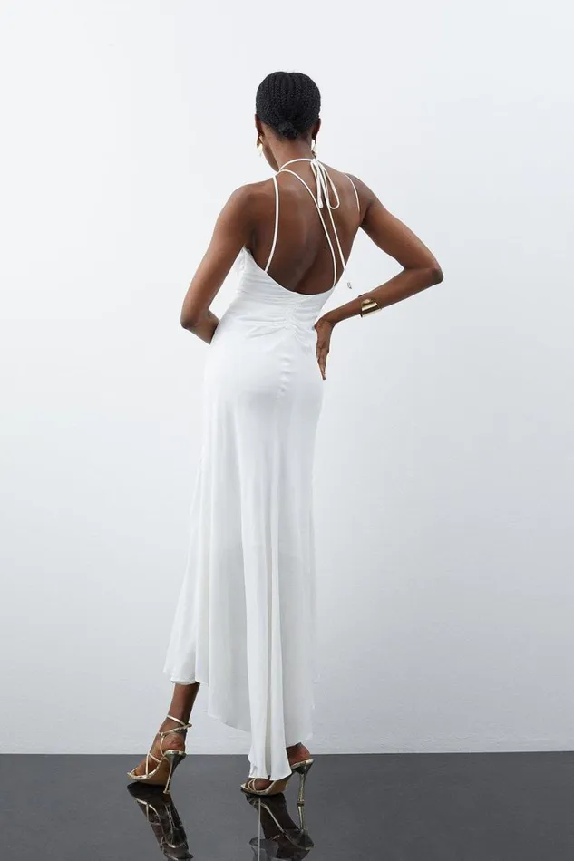 Petite Premium Ruched Halter Strappy Maxi Dress Ivory Women Karen Millen Dresses