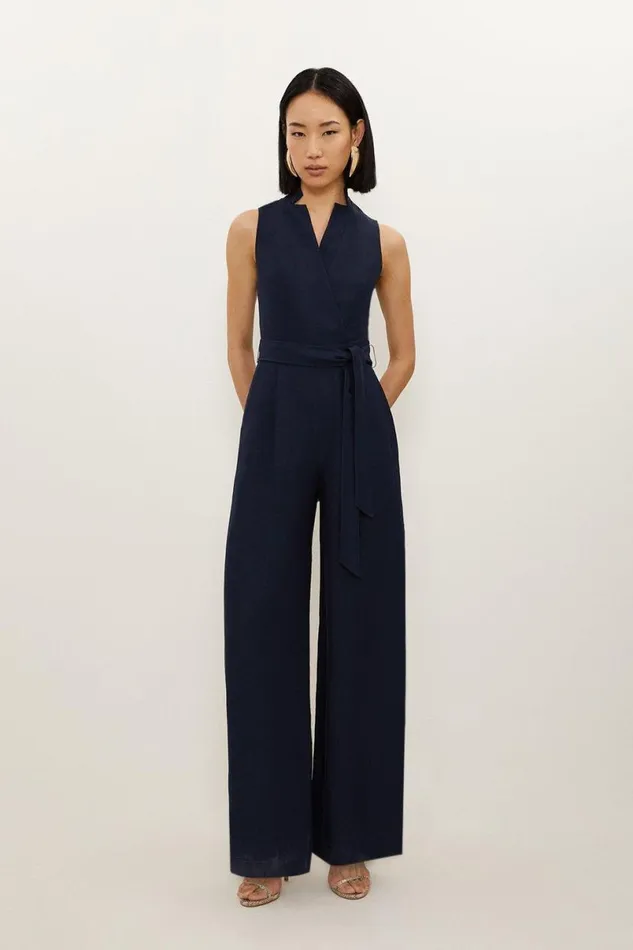 Petite Premium Tailored Linen Notch Neck Belted Straight Leg Jumpsuit Navy Women Karen Millen Jumpsuits and Playsuits Petite Premium Tailored Linen Notch Neck Belted Straight Leg Jumpsuit Navy Women Karen Millen Jumpsuits and Playsuits