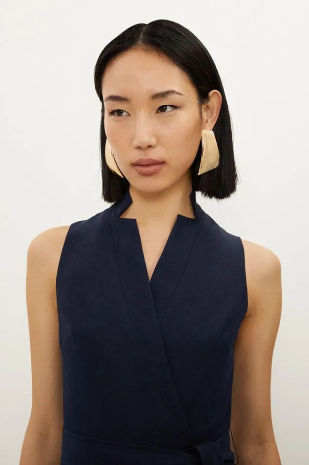 Petite Premium Tailored Linen Notch Neck Belted Straight Leg Jumpsuit Navy Women Karen Millen Jumpsuits and Playsuits
