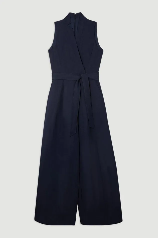 Petite Premium Tailored Linen Notch Neck Belted Straight Leg Jumpsuit Navy Women Karen Millen Jumpsuits and Playsuits