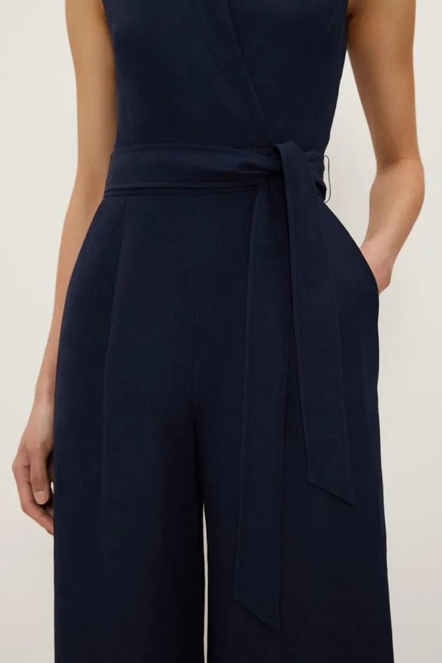 Petite Premium Tailored Linen Notch Neck Belted Straight Leg Jumpsuit Navy Women Karen Millen Jumpsuits and Playsuits