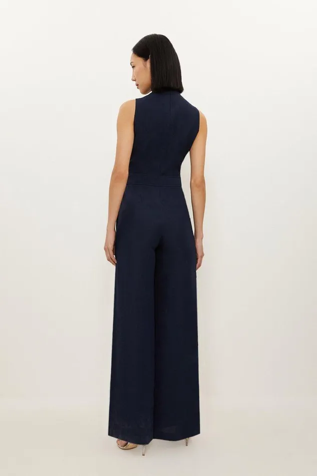 Petite Premium Tailored Linen Notch Neck Belted Straight Leg Jumpsuit Navy Women Karen Millen Jumpsuits and Playsuits
