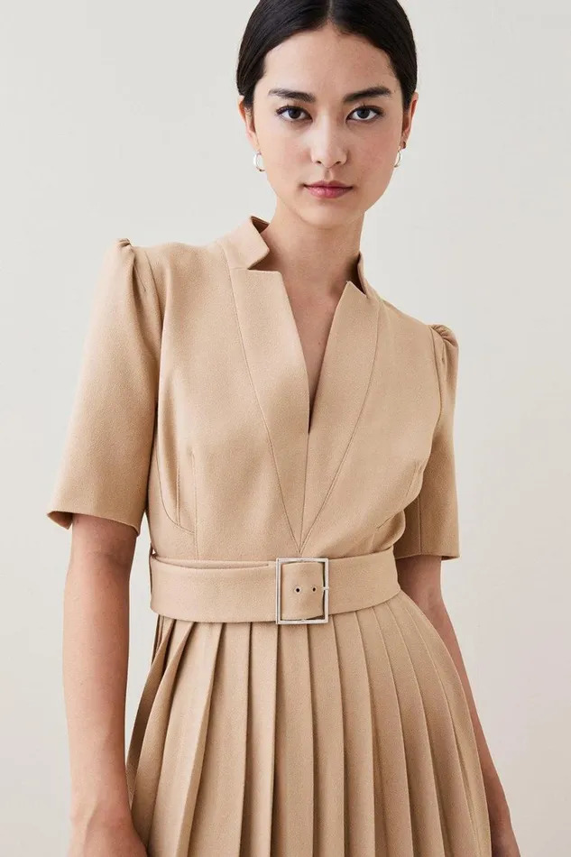 Petite Tailored Structured Crepe Forever Pleat Midi Dress Camel Women Karen Millen Dresses