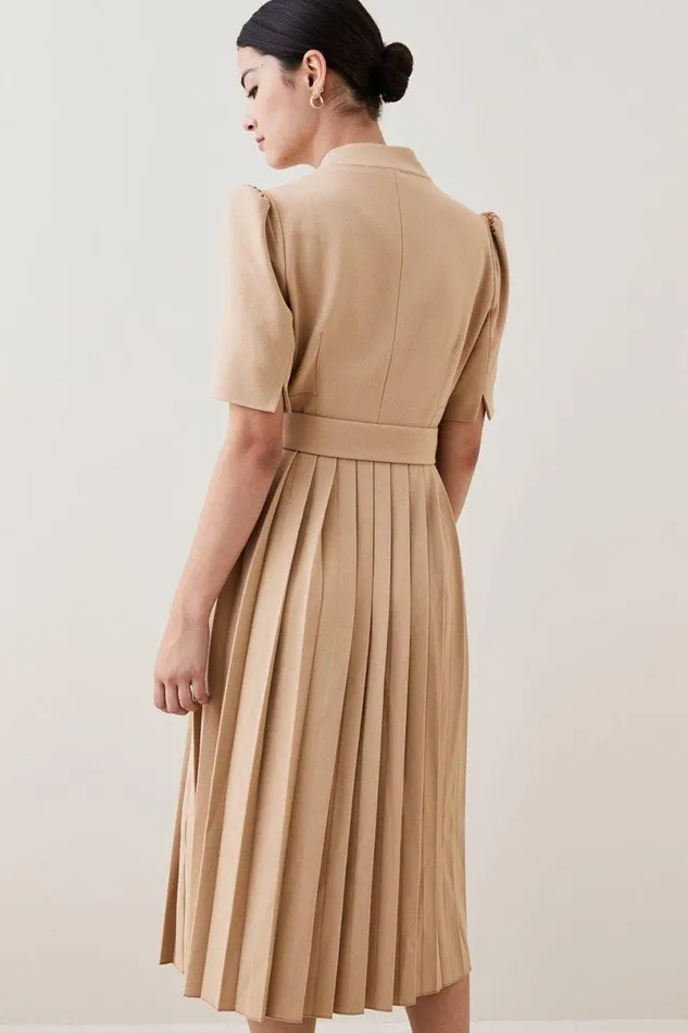 Petite Tailored Structured Crepe Forever Pleat Midi Dress Camel Women Karen Millen Dresses