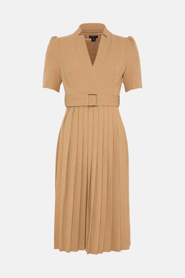 Petite Tailored Structured Crepe Forever Pleat Midi Dress Camel Women Karen Millen Dresses