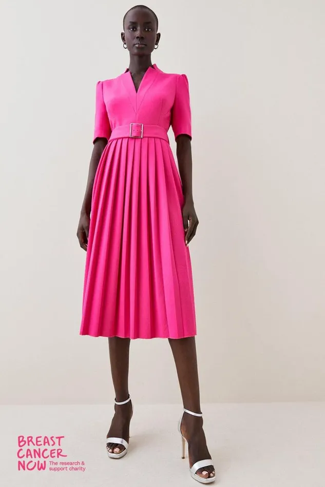 Petite Tailored Structured Crepe Forever Pleat Midi Dress Magenta Women Karen Millen Dresses