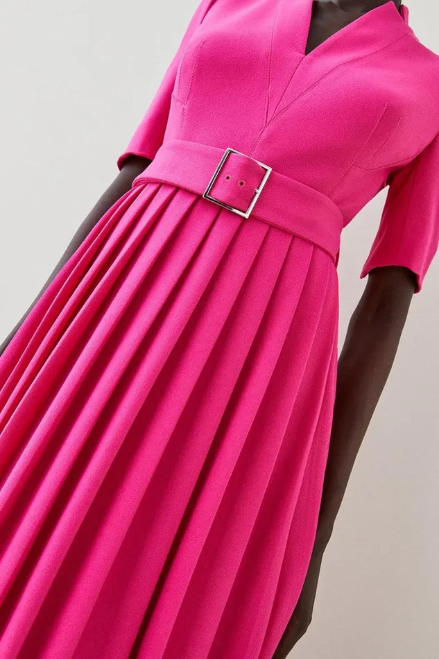 Petite Tailored Structured Crepe Forever Pleat Midi Dress Magenta Women Karen Millen Dresses