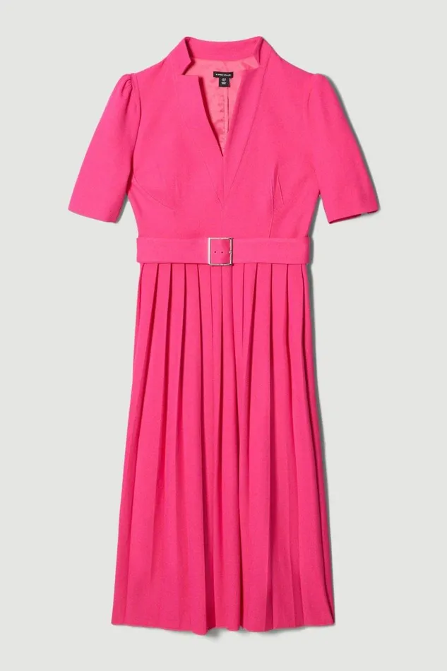 Petite Tailored Structured Crepe Forever Pleat Midi Dress Magenta Women Karen Millen Dresses
