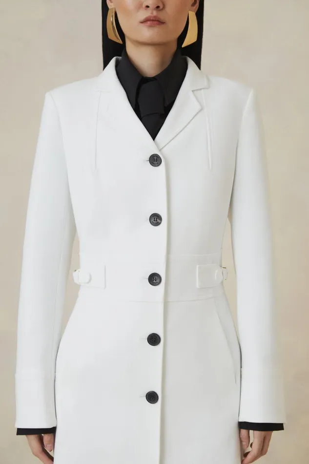 Petite The Founder Compact Stretch Tab Waist Tailored Coat Ivory Women Karen Millen Coats and Jackets