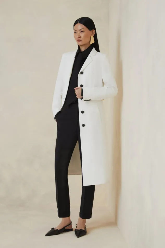 Petite The Founder Compact Stretch Tab Waist Tailored Coat Ivory Women Karen Millen Coats and Jackets