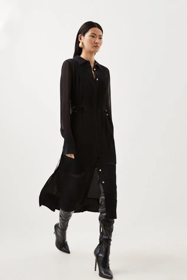 Petite Viscose Pintuck Shirt Midi Dress Black Women Karen Millen Dresses