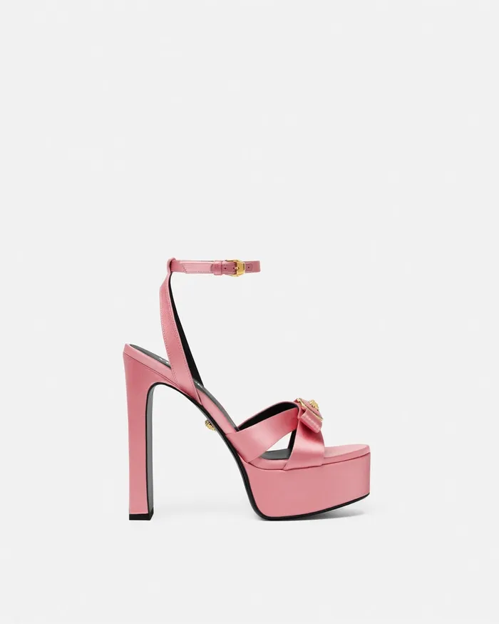 Platforms Women Versace Gianni Ribbon Satin Sandals 140 Mm Pink