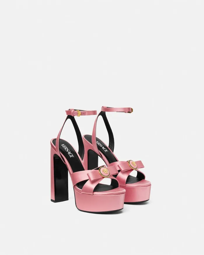Platforms Women Versace Gianni Ribbon Satin Sandals 140 Mm Pink