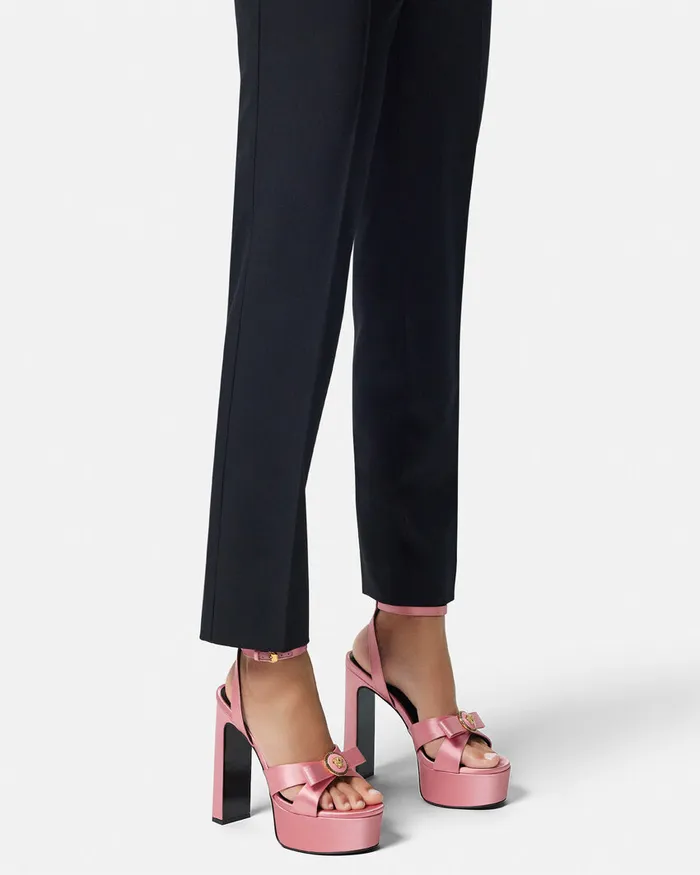 Platforms Women Versace Gianni Ribbon Satin Sandals 140 Mm Pink