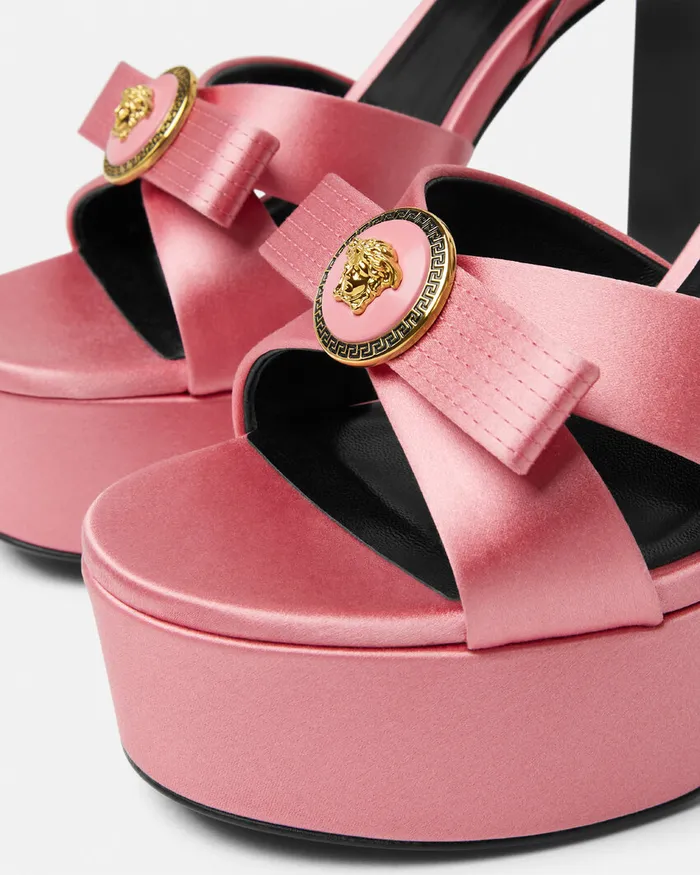 Platforms Women Versace Gianni Ribbon Satin Sandals 140 Mm Pink