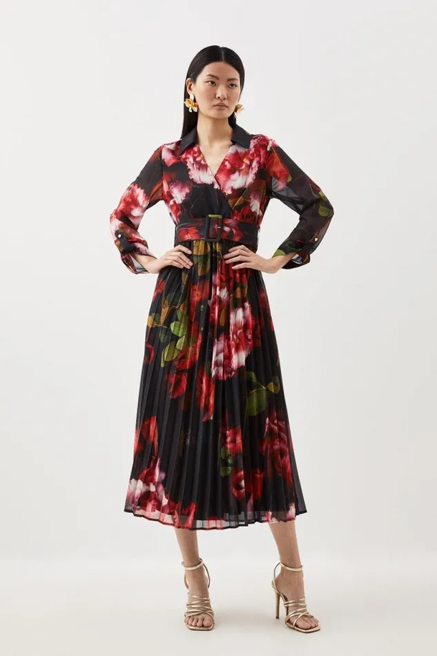 Pleated Georgette Woven Midi Dress Floral Women Karen Millen Dresses