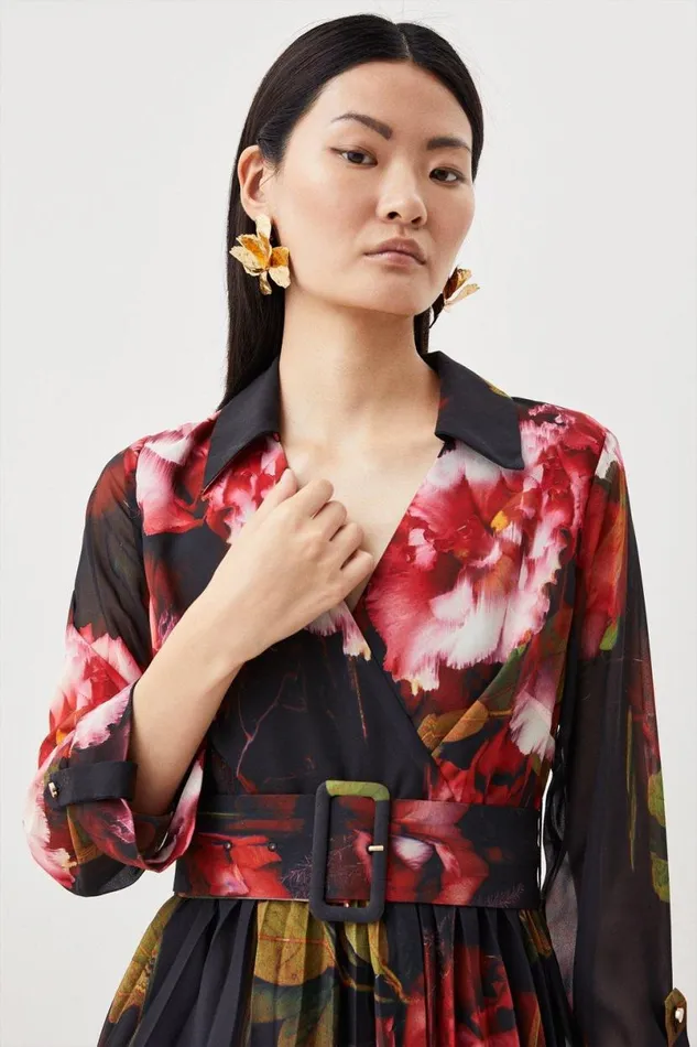 Pleated Georgette Woven Midi Dress Floral Women Karen Millen Dresses